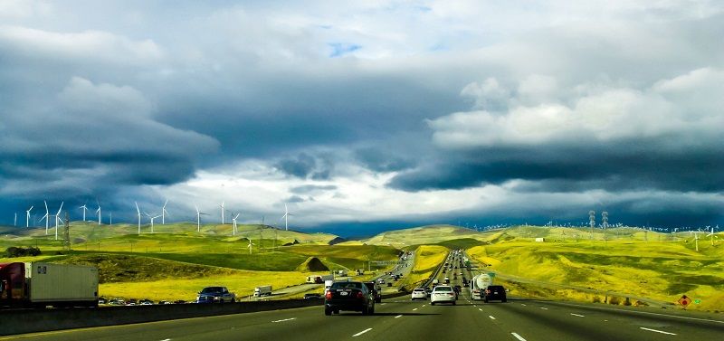 Wind turbines along highway