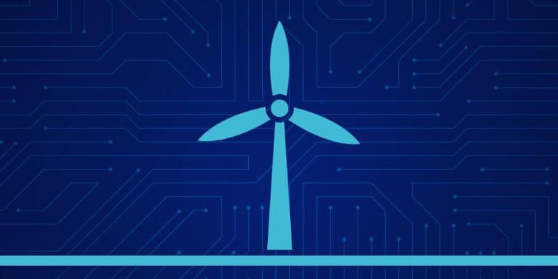 Simplistic graphic image of a blue wind turbine on a navy background with a pale motherboard pattern across it.