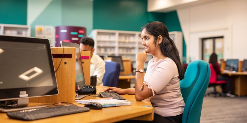 A student using a desktop computer in the University's Language Centre.