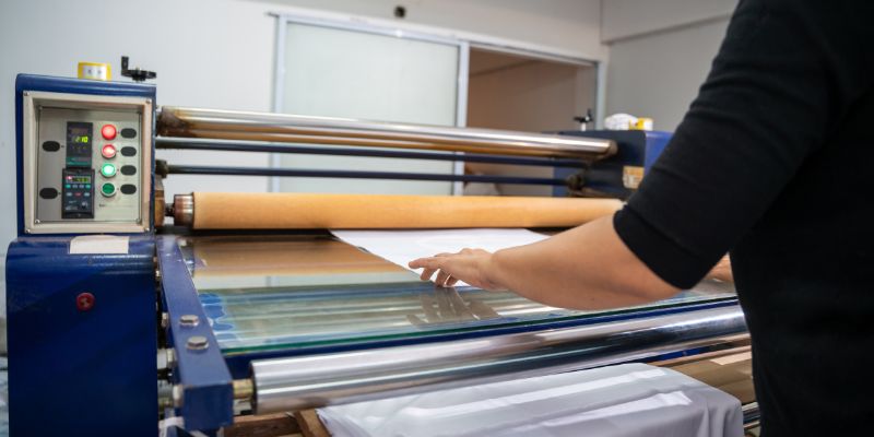 A person pushing fabric through an industrial textile machine in a factory.