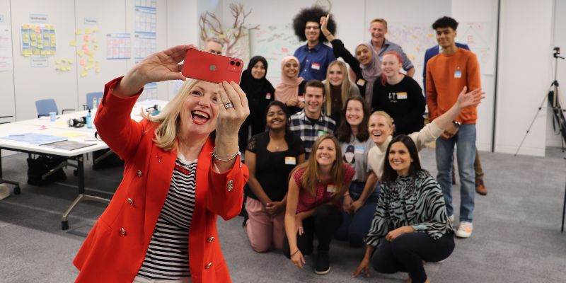 Tracy Brabin, West Yorkshire Metro Mayor, with young people on the BUILD Your future programme and Richelle Schuster from Leeds City Council