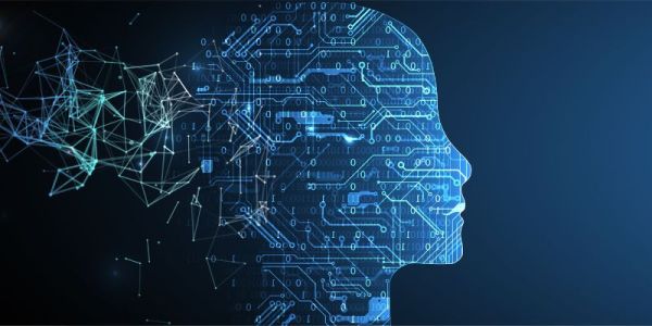Illustration of machine learning and AI concept in form of a woman's face outline with circuit board and binary data flow on blue background.