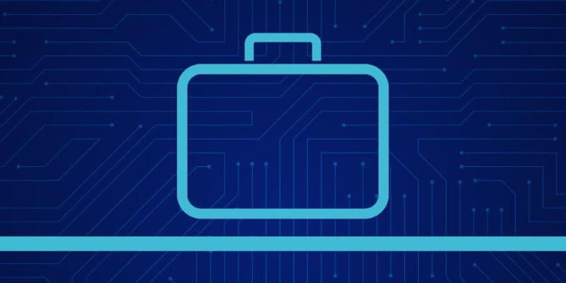 Graphic icon of the outline of a briefcase in light blue, against a dark blue background.