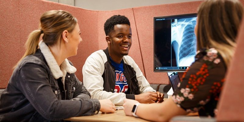 Three students talking at a desk in a modern and cosy study booth. They are studying an x-ray image of a person's chest on the wall.