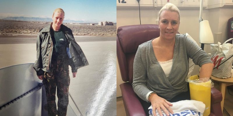 Left: an older photo of Sam Panter in the RAF; right: Sam Panter at her first treatment for anal cancer