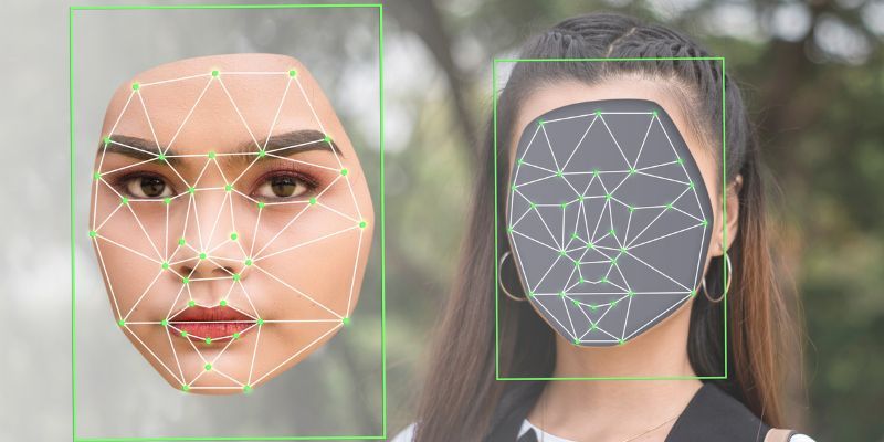 Illustration of a deepfake being made - a woman's face is shown being swapped with another face.