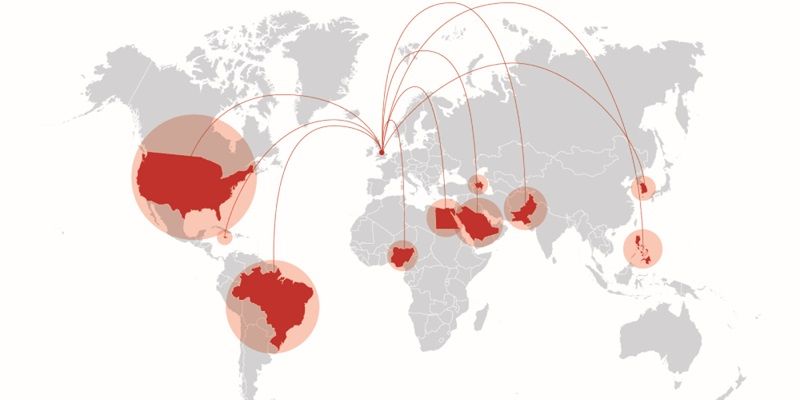 A world map with lines stretching from the UK to several countries