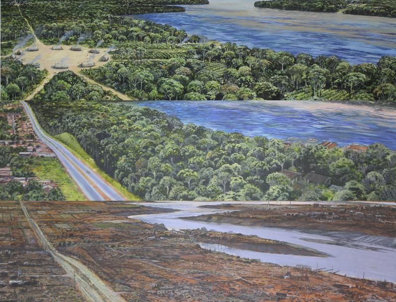 Three different images of the same view of a town, road, lake and trees, the final image is brown with no trees surrounding the lake